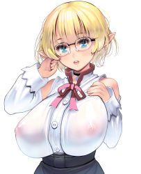 Rule 34 | 1girl, absurdres, bare shoulders, blonde hair, blue eyes, breasts, choker, detached sleeves, elf, glasses, highres, kouno (masao), large breasts, looking at viewer, mole, mole under eye, nipples, original, pointy ears, ribbon, see-through, shirt, short hair, solo, white shirt