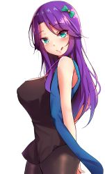 Rule 34 | 1girl, abigail (stardew valley), aqua bow, aqua eyes, arms behind back, bare shoulders, black choker, black dress, black pantyhose, blush, bow, breasts, choker, closed mouth, covered erect nipples, cowboy shot, dress, eyes visible through hair, from side, hair bow, highres, large breasts, long hair, looking at viewer, mistynight, pantyhose, purple hair, short dress, sleeveless duster, smile, solo, stardew valley, tongue, tongue out