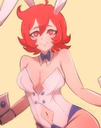 Rule 34 | 1girl, animal ears, artist name, bare shoulders, blue bow, blue neckwear, bow, breasts, rabbit ears, cleavage, detached collar, hair between eyes, highres, little witch academia, looking at viewer, navel, omiza somi, rabbit girl, red eyes, red hair, shiny chariot, short hair, simple background, solo, upper body, wrist cuffs, yellow background