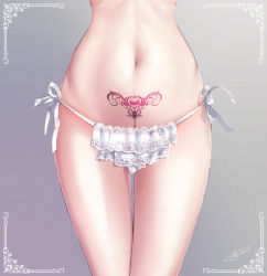 Rule 34 | 1girl, border, close-up, commentary, dated, gradient background, grey background, highres, lace, lace panties, layered panties, legs together, lower body, narrow waist, navel, original, panties, pubic tattoo, ribbon, side-tie panties, signature, solo, stomach, tattoo, thigh gap, thighs, underwear, underwear only, white border, white panties, white ribbon, yanlan feixue
