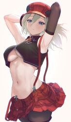 Rule 34 | 1girl, alisa ilinichina amiella, armpits, arms behind head, blue eyes, blush, breasts, cabbie hat, elbow gloves, gloves, god eater, grey hair, hat, highres, kazane-wind, large breasts, long hair, looking at viewer, navel, pantyhose, plaid, skirt, solo, suspender skirt, suspenders, underboob, white background
