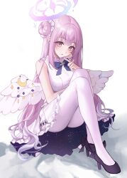 Rule 34 | 1girl, 1yu x, absurdres, angel wings, black footwear, blue archive, breasts, crescent, crescent pin, dress, feathered wings, flower, hair bun, hair flower, hair ornament, high heels, highres, large breasts, long hair, mika (blue archive), pantyhose, pink hair, purple flower, simple background, single side bun, sleeveless, sleeveless dress, solo, white background, white dress, white pantyhose, white wings, wings, yellow eyes
