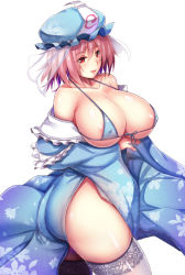 Rule 34 | 1girl, areola slip, bikini, blue bikini, breasts, collarbone, covered erect nipples, ebi 193, front-tie bikini top, front-tie top, hat, huge breasts, japanese clothes, kimono, lace, lace-trimmed legwear, lace trim, mob cap, pink hair, red eyes, saigyouji yuyuko, shiny skin, short hair, sideboob, simple background, smile, solo, swimsuit, thighhighs, thighs, touhou, triangular headpiece, white background, white thighhighs