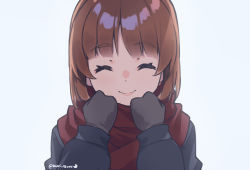 Rule 34 | 1girl, ^ ^, artist name, blue background, blunt bangs, brown hair, closed eyes, closed mouth, girls und panzer, highres, kimi tsuru, lips, mittens, nishizumi miho, red scarf, scarf, short hair, simple background, smile, solo, twitter username, upper body, winter clothes