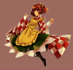 Rule 34 | 1girl, apron, bell, boots, checkered clothes, checkered kimono, cross-laced footwear, female focus, full body, hair bell, hair ornament, japanese clothes, kimono, lace-up boots, motoori kosuzu, neko ni chikyuu, orange eyes, orange hair, simple background, smile, touhou, twintails, two side up, wide sleeves