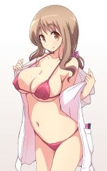 Rule 34 | 1girl, bikini, breasts, brown eyes, brown hair, cleavage, cowboy shot, highres, lab coat, large breasts, long hair, looking at viewer, matsumoto yoriko, mel (melty pot), navel, open clothes, pink bikini, simple background, solo, string bikini, swimsuit, thick eyebrows, tongue, tongue out, underboob, white background, yuyushiki
