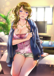Rule 34 | 1girl, abe hikaru, absurdres, bad perspective, blue jacket, blurry, blurry background, breasts, brown hair, camisole, cleavage, collarbone, day, earrings, highres, hikaru (gevp7588), hood, hoodie, indoors, jacket, jewelry, large breasts, lens flare, looking at viewer, necklace, open mouth, purple eyes, short shorts, shorts, sitting, solo, thighs
