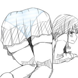 Rule 34 | 1girl, all fours, ass, blue panties, blush, female focus, from behind, looking back, monochrome, panties, pleated skirt, see-through, skirt, solo, spot color, striped clothes, striped panties, tori (minamopa), touhou, underwear, usami renko