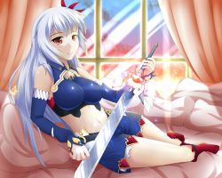 Rule 34 | 10s, 1girl, bare shoulders, breasts, cleavage, eleonora viltaria, guardian-panda, hair ornament, holding, holding sword, holding weapon, kneehighs, large breasts, long hair, looking at viewer, madan no ou to vanadis, midriff, navel, red eyes, silver hair, sitting, smile, socks, solo, sword, weapon