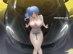 Rule 34 | 1girl, absurdres, azur lane, backless dress, backless outfit, bare shoulders, blue hair, breasts, car, character name, cleavage, dress, earrings, evening gown, from above, grey dress, hair between eyes, hair ornament, hairclip, halter dress, halterneck, highres, huge filesize, jewelry, large breasts, long hair, mclaren, mclaren p1, motor vehicle, necklace, official alternate costume, pink eyes, plunging neckline, revealing clothes, short dress, side ponytail, sidelocks, silver dress, sitting, solo, st. louis (azur lane), st. louis (luxurious wheels) (azur lane), thighs, vitotraps