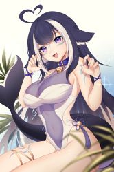 Rule 34 | 1girl, :d, ahoge, animal ears, black hair, breasts, cetacean tail, cleavage, covered navel, fingernails, fins, fish tail, highres, indie virtual youtuber, large breasts, long hair, multicolored hair, nail polish, one-piece swimsuit, open mouth, purple eyes, purple nails, see-through, see-through cleavage, shylily, shylily (3rd costume), sitting, smile, solo, swimsuit, tail, thigh strap, thighs, two-tone hair, virtual youtuber, white hair, white one-piece swimsuit, yoclesh