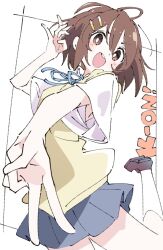 Rule 34 | 1girl, :d, blue skirt, brown eyes, brown footwear, brown hair, commentary, copyright name, hair ornament, hairclip, hirasawa yui, ixy, k-on!, loafers, looking at viewer, open mouth, school uniform, shirt, shoes, short hair, short sleeves, skirt, smile, socks, solo, sweater vest, v, white background, white shirt, white socks, yellow sweater vest