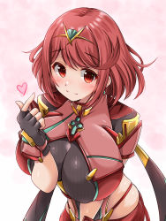 Rule 34 | 1girl, black gloves, breasts, chest jewel, earrings, fingerless gloves, gloves, highres, jewelry, kurokaze no sora, large breasts, pyra (xenoblade), red eyes, red hair, red shorts, red thighhighs, short hair, short shorts, shorts, solo, swept bangs, thighhighs, tiara, xenoblade chronicles (series), xenoblade chronicles 2