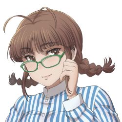 Rule 34 | 1girl, akizuki ritsuko, braid, brown hair, chiaki rakutarou, glasses, idolmaster, idolmaster (classic), lips, looking at viewer, short hair, smile, solo, twin braids