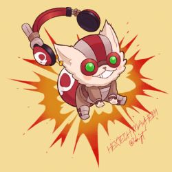 Rule 34 | 1other, 7mb yut, :3, :d, artist name, blush, bomb, brown shirt, chibi, explosion, explosive, goggles, hands up, headphones, league of legends, long sleeves, no humans, open mouth, shirt, simple background, sitting, skull print, smile, spread legs, yellow background, yordle, ziggs