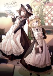 Rule 34 | 2girls, :d, absurdres, apron, black footwear, blonde hair, book, bow, brown eyes, brown hair, cafe, chair, closed mouth, cup, dress, fedora, frills, hand on own chest, hat, hat bow, highres, holding, holding book, holding clothes, holding skirt, leaf, long skirt, long sleeves, maid, maid apron, maribel hearn, minus (sr mineka), mob cap, multiple girls, one eye closed, open mouth, purple eyes, skirt, smile, table, teacup, teapot, touhou, tray, usami renko, white bow