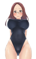 Rule 34 | 1girl, aimobake, arms behind back, bad id, bad twitter id, bespectacled, black one-piece swimsuit, blush, breasts, brown eyes, brown hair, commentary request, competition swimsuit, cowboy shot, glasses, half-closed eyes, highleg, highleg swimsuit, highres, idolmaster, idolmaster cinderella girls, large breasts, light smile, long hair, looking at viewer, one-piece swimsuit, open mouth, rimless eyewear, sawada marina, simple background, solo, standing, swimsuit, wet, white background