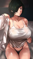 Rule 34 | 1girl, bed sheet, black hair, black panties, breasts, cafekun, chainsaw man, closed mouth, clothes lift, collarbone, eyepatch, green eyes, groin, hair over one eye, hand up, highleg, highleg panties, highres, himeno (chainsaw man), huge breasts, indoors, lifted by self, off shoulder, panties, shirt, shirt lift, short hair, single bare shoulder, sitting, solo, sweat, tank top, thighs, underwear, white shirt, white tank top