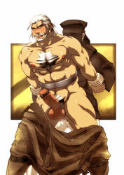 Rule 34 | bara, censored, facial hair, highres, male focus, muscular, mustache, open mouth, penis, scar, white hair, yaoi, yellow eyes