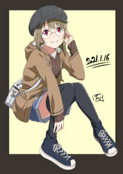 Rule 34 | 1girl, adjusting eyewear, asymmetrical hair, bag, black headwear, black thighhighs, blue footwear, blue shorts, blunt bangs, bob cut, brown jacket, brown sweater, closed mouth, commentary request, dated, glasses, hand on eyewear, hand on own leg, jacket, light brown hair, looking at viewer, love live!, love live! nijigasaki high school idol club, nakasu kasumi, open clothes, open jacket, outside border, red eyes, short hair, shorts, shoulder bag, signature, sitting, smile, solo, striped clothes, striped sweater, sweater, thighhighs, two-tone background, watanabe keisuke, zettai ryouiki