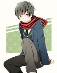 Rule 34 | 1boy, arm support, black hair, blazer, blue jacket, brown eyes, closed mouth, commentary request, dotted background, feet out of frame, fringe trim, green background, green necktie, grey pants, grey sweater, highres, jacket, kyoukai no kanata, layered sleeves, light smile, long sleeves, looking at viewer, male focus, multicolored clothes, multicolored scarf, nase hiroomi, necktie, open clothes, open jacket, pants, partial commentary, red scarf, scarf, school uniform, shirt, short hair, sitting, solo, striped clothes, striped scarf, sweater, white background, white shirt, winter uniform, yupe (pikoyupi)
