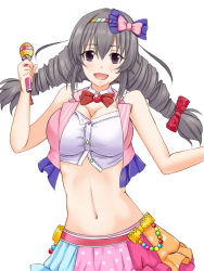 Rule 34 | 10s, 1girl, bad id, bad pixiv id, blush, bow, bowtie, breasts, cleavage, crop top, drill hair, hair bow, idolmaster, idolmaster cinderella girls, kosuke (bb), large breasts, looking at viewer, microphone, midriff, navel, open mouth, purple eyes, sakakibara satomi, silver hair, skirt, sleeveless, smile, solo, twin drills, twintails, white background