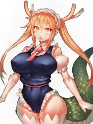 Rule 34 | 10s, 1girl, :o, adapted costume, antlers, arms at sides, bare shoulders, belt, blonde hair, blue leotard, blush, breasts, brown hair, cameltoe, covered erect nipples, covered navel, cowboy shot, curvy, d:, detached sleeves, dragon, dragon girl, dragon horns, dragon tail, elbow gloves, fang, frills, fumio (rsqkr), gloves, hair between eyes, hip focus, horns, kobayashi-san chi no maidragon, large breasts, leotard, long hair, looking at viewer, maid, maid headdress, maid leotard, monster, monster girl, necktie, open mouth, orange eyes, pink necktie, puffy detached sleeves, puffy short sleeves, puffy sleeves, scales, short sleeves, sidelocks, simple background, sketch, skin tight, slit pupils, solo, standing, surprised, tail, thick thighs, thighhighs, thighs, tohru (maidragon), twintails, unconventional maid, white background, white gloves, white thighhighs, wide hips