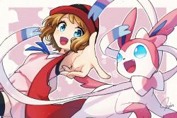 Rule 34 | 1girl, animal ears, animal hands, arm up, armpits, artist name, black thighhighs, blonde hair, blue eyes, blue sclera, blush, border, colored sclera, creatures (company), dress, eye contact, fangs, female focus, game freak, gen 6 pokemon, hat, heart, looking at another, looking back, miu (miuuu 721), nintendo, open mouth, outline, outstretched arm, pink background, pink dress, pokemon, pokemon (anime), pokemon (creature), pokemon xy (anime), red hat, red vest, serena (pokemon), short hair, signature, simple background, sleeveless, sleeveless dress, smile, sparkle, sylveon, tail, teeth, text focus, thighhighs, two-tone background, vest, white border, white eyes, zettai ryouiki