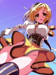 Rule 34 | 10s, 1girl, blonde hair, blush, breasts, drill hair, elbow gloves, fingerless gloves, gloves, hair ornament, hat, large breasts, long hair, magical girl, mahou shoujo madoka magica, mahou shoujo madoka magica (anime), miuku (marine sapphire), no panties, skirt, solo, striped clothes, striped thighhighs, thighhighs, tomoe mami, twin drills, twintails, vertical-striped clothes, vertical-striped thighhighs, yellow eyes
