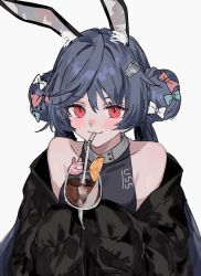 Rule 34 | 1girl, :3, allen m. sumner (azur lane), allen m. sumner (charming rabbit) (azur lane), animal ear fluff, animal ears, aogisa, azur lane, bare shoulders, blue hair, blush, bomber jacket, bow, collarbone, cup, double bun, drinking, drinking straw, drinking straw in mouth, eyelashes, fake animal ears, hair bow, hair bun, hair ornament, hairclip, highres, holding, holding cup, jacket, leotard, light smile, looking at viewer, off shoulder, official alternate costume, playboy bunny, rabbit ears, rabbit girl, red eyes, sleeves past fingers, sleeves past wrists, solo, twintails