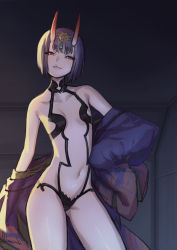 Rule 34 | 1girl, bare shoulders, bob cut, breasts, collarbone, contrapposto, cowboy shot, emoto reishi, fate/grand order, fate (series), gluteal fold, half-closed eyes, highres, horns, indoors, japanese clothes, looking at viewer, looking down, navel, purple hair, revealing clothes, short hair, shuten douji (fate), shuten douji (first ascension) (fate), skin-covered horns, skin tight, small breasts, smirk, solo, standing, thick eyebrows