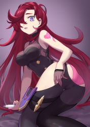 Rule 34 | 1girl, absurdres, adjusting clothes, all fours, arm tattoo, ass, ass cutout, bare shoulders, black gloves, black pants, black thighhighs, breasts, brooch, closed mouth, clothing cutout, crystal, dagger, female focus, from behind, gloves, gradient background, hair over one eye, half gloves, heart, heart tattoo, highres, holding, holding dagger, holding knife, holding weapon, jewelry, knife, large breasts, lips, long hair, looking at viewer, looking back, one eye covered, panties, pants, pink panties, purple background, purple eyes, red hair, see-through, sheath, shiny clothes, shirt, sidelocks, simple background, single thighhigh, skin tight, sleeveless, sleeveless shirt, solo, taotao, tattoo, thigh cutout, thigh strap, thighhighs, underwear, very long hair, vivi (world flipper), weapon, world flipper