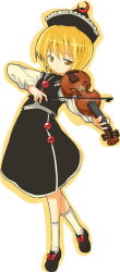 Rule 34 | 1girl, black hat, bow (music), female focus, full body, hat, holding, holding bow (music), holding instrument, holding violin, instrument, lunasa prismriver, michii yuuki, simple background, skirt, solo, touhou, violin, white background