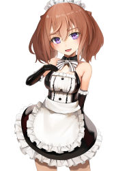 Rule 34 | 1girl, absurdres, alice gear aegis, apron, bare shoulders, black gloves, black skirt, breasts, brown hair, commentary request, detached collar, elbow gloves, fang, frills, gloves, hair between eyes, halterneck, highres, kimikage yui, looking at viewer, maid, maid headdress, medium breasts, medium hair, miniskirt, neck ribbon, open mouth, purple eyes, ribbon, skirt, smile, solo, sunga2usagi, twintails, waist apron, white apron, white background