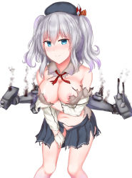 Rule 34 | 10s, 1girl, bad id, bad pixiv id, bare shoulders, blue eyes, blue skirt, blush, breast hold, breasts, cai geng, cleavage, female focus, gloves, hat, highres, kantai collection, kashima (kancolle), large breasts, looking at viewer, military, military uniform, miniskirt, pleated skirt, red ribbon, ribbon, shirt, short hair, silver hair, simple background, skirt, smile, smoke, solo, standing, torn clothes, torn shirt, torn skirt, uniform, white background, white gloves