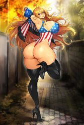 Rule 34 | 1girl, absurdres, american flag, american flag print, antenna hair, armpits, ass, blonde hair, blue eyes, boots, breasts, flag print, gurimjang, high heels, highres, huge breasts, jacket, long hair, looking at viewer, original, revealing clothes, sideboob, solo, swimsuit, thigh boots, thighhighs, very long hair