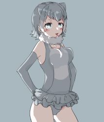 Rule 34 | 10s, 1girl, :3, animal ears, aotan (aorin114), bad id, bad pixiv id, bare shoulders, blush, cowboy shot, elbow gloves, fur collar, gloves, grey hair, kemono friends, multicolored hair, one-piece swimsuit, otter ears, short hair, small-clawed otter (kemono friends), solo, swimsuit, white hair