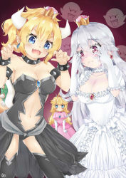 Rule 34 | 3girls, :&lt;, armlet, black dress, blonde hair, blue eyes, blush, boo (mario), bowsette, bracelet, breasts, brooch, claw pose, cleavage, closed mouth, collar, commentary request, covering face, crown, detached collar, dress, earrings, fang, frilled collar, frilled dress, frilled gloves, frilled sleeves, frills, gloves, highres, himatimemeta, horns, jewelry, large breasts, long hair, looking at viewer, luigi&#039;s mansion, mario (series), medium breasts, mini crown, multiple girls, navel, new super mario bros. u deluxe, nintendo, open mouth, pink dress, pointy ears, ponytail, princess king boo, princess peach, puffy short sleeves, puffy sleeves, red eyes, short sleeves, sidelocks, silver hair, sleeveless, sleeveless dress, smile, spiked armlet, spiked bracelet, spiked shell, spikes, strapless, strapless dress, super crown, thick eyebrows, thighhighs, turtle shell, very long hair, white dress, white gloves