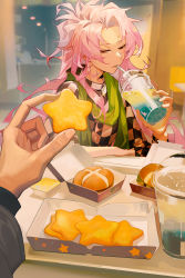 Rule 34 | burger, checkered clothes, checkered shirt, chinese commentary, commentary request, cookie, cup, dollyja, drinking, food, green scarf, hatsutori hajime, highres, holding, holding cookie, holding cup, holding food, indoors, jewelry, long sleeves, male focus, necklace, out of frame, pink hair, ponytail, red eyes, saibou shinkyoku, scarf, shirt, solo focus, star-shaped food, star (symbol), utsugi noriyuki