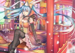 Rule 34 | 1girl, alternate costume, animal ears, bad id, bad pixiv id, bell, black footwear, black thighhighs, blue eyes, blue hair, blurry, bow, breasts, cat, cat ears, cat tail, choker, cleavage, cleavage cutout, clothing cutout, depth of field, detached sleeves, dress, elbow gloves, facial mark, floating hair, frilled dress, frills, gloves, gown, hair between eyes, hat, hatsune miku, katana, knee up, lantern, large breasts, long dress, long hair, looking at viewer, matching hair/eyes, ofuda, on floor, paper lantern, parted lips, railing, rope, shimenawa, shoes, single sleeve, sitting, sleeveless, sleeveless dress, smile, solo, star (symbol), sword, tail, thighhighs, torii, twintails, very long hair, vocaloid, weapon, xiaosan ye
