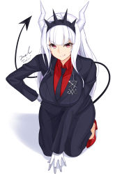 Rule 34 | 1girl, black jacket, black pants, blazer, breasts, business suit, collared shirt, crown, demon girl, demon horns, demon tail, female focus, formal, full body, gloves, grin, hand on own hip, helltaker, high heels, highres, horns, jacket, kneeling, large breasts, long hair, long sleeves, looking at viewer, lucifer (helltaker), mole, mole under eye, necktie, pants, red eyes, red footwear, red shirt, revision, shirt, signature, simple background, smile, solo, suit, tail, undershirt, unel, white background, white gloves, white hair, wing collar