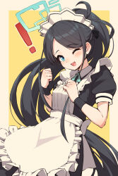 Rule 34 | !, 1girl, absurdly long hair, apron, aqua halo, aris (blue archive), aris (maid) (blue archive), black dress, black hair, blue archive, blue eyes, blue halo, blush, dress, frilled apron, frills, halo, highres, long hair, looking at viewer, maid, maid headdress, mikuru ism, official alternate costume, one eye closed, open mouth, puffy short sleeves, puffy sleeves, rectangular halo, short sleeves, smile, solo, very long hair, white apron, wrist cuffs