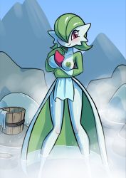 Rule 34 | 1girl, absurdres, blush, breasts, bucket, collarbone, colored nipples, creatures (company), full body, game freak, gardevoir, gen 3 pokemon, green hair, green nipples, hair over one eye, hand on own chest, hand up, highres, large breasts, legs apart, looking at viewer, mountain, nintendo, nipples, onsen, outdoors, pokemon, pokemon (creature), pokemon rse, red eyes, see-through, short hair, sky, smile, solo, standing, steam, towel, water, wet, what&#039;s a lewd?, whatsalewd, white towel