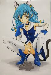 Rule 34 | 1girl, animal ears, ashigaki radar, bar censor, blue dress, blue gloves, blue hair, blue thighhighs, blush, boots, breasts, cat ears, cat girl, cat tail, censored, collarbone, detached collar, detached sleeves, dress, extra ears, gloves, grey background, hair ornament, hand on own leg, highres, long hair, long sleeves, low twintails, no panties, peeing, pointy ears, precure, puddle, pussy, sleeveless, sleeveless dress, small breasts, squatting, star twinkle precure, tail, thighhighs, twintails, white thighhighs, yellow eyes, yuni (precure)