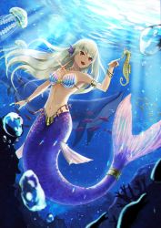 Rule 34 | 1girl, :d, blonde hair, breasts, bubble, cleavage, coral, fins, fish, hand up, head fins, highres, jewelry, large breasts, long hair, mermaid, monster girl, navel, necklace, ocean, open mouth, original, red eyes, seahorse, shell, shell bikini, smile, stomach, tachibana yuu (shika), teeth, underboob, underwater, upper teeth only, water