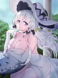 Rule 34 | 1girl, absurdres, arm under breasts, azur lane, black ribbon, blue eyes, breasts, cleavage, collar, column, detached collar, dress, elbow gloves, gloves, hair ribbon, highres, illustrious (azur lane), lace-trimmed headwear, lace trim, large breasts, long hair, looking at viewer, niwcha illust, outdoors, pillar, ribbon, round table, sitting, sleeveless, sleeveless dress, solo, strapless, strapless dress, table, tri tails, white collar, white gloves, white hair, white headwear