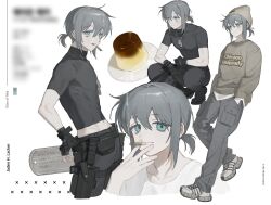 Rule 34 | 1girl, cigarette, fingerless gloves, frost fog, gloves, green eyes, grey hair, gun, hand in pocket, highres, multiple views, pants, pouch, puddle, smoking, squatting, tomboy, weapon