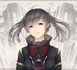 Rule 34 | 1girl, aircraft, black hair, building, ene (kagerou project), enomoto takane, gas mask, gradient background, hair ornament, headphones, highres, jacket, kagerou project, long hair, marumoru, mask, polka dot, polka dot background, red eyes, short hair, skyscraper, solo, twintails