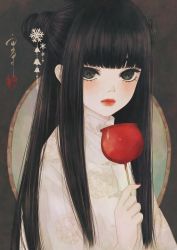 Rule 34 | 1girl, absurdres, black hair, blunt bangs, brown background, brown eyes, candy, candy apple, chinese clothes, closed mouth, double bun, floral print, food, hair bun, hair ornament, half updo, highres, holding, holding candy, holding food, jacket, long hair, long sleeves, looking at viewer, medibang paint (medium), nail polish, outside border, red lips, red nails, seal impression, sidelocks, signature, snow white, snowflake hair ornament, solo, tangzhuang, upper body, ushiyama ame, white jacket