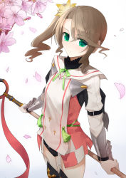 Rule 34 | 10s, 1girl, akitaka (pixiv12739753), alisha diphda, armor, belt, black panties, brown hair, cherry blossoms, flower, gloves, gradient background, green eyes, hair ornament, highres, holding, jacket, long hair, panties, polearm, ribbon, short shorts, shorts, side ponytail, solo, spear, staff, tales of (series), tales of zestiria, thighhighs, underwear, weapon